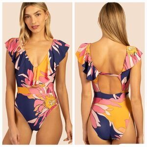 TRINA TURK Women's Breeze V-Neck Ruffle plunge One-Piece Swimsuit sz 14